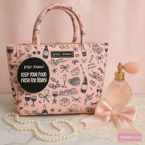 Betsey Johnson Pink Insulated Lunch Tote Bow Champagne Print NWT